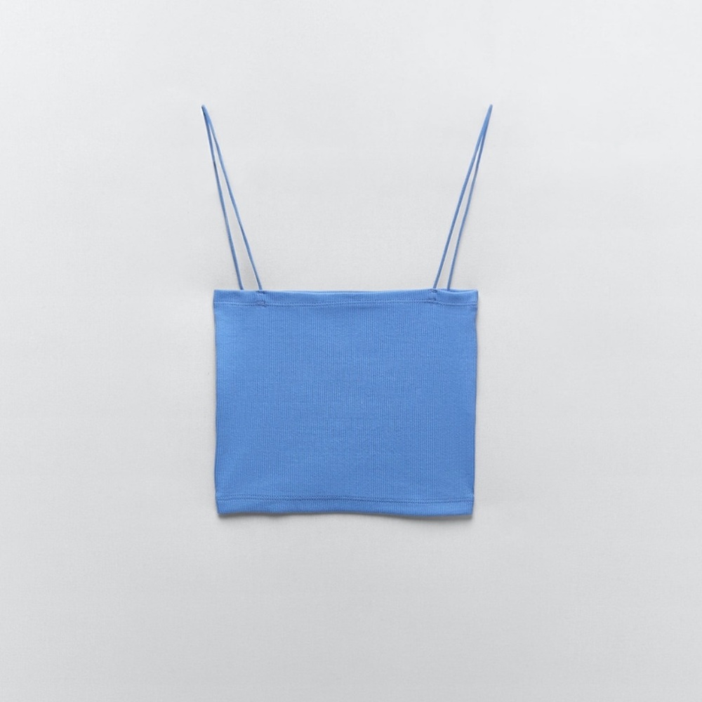 ZARA Crop Top Ribbed Blue Bandeau Cami Straps